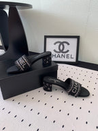 CC RHINESTONE LETTER HIGH HEELS BLACK AND WHITE LAMBSKIN