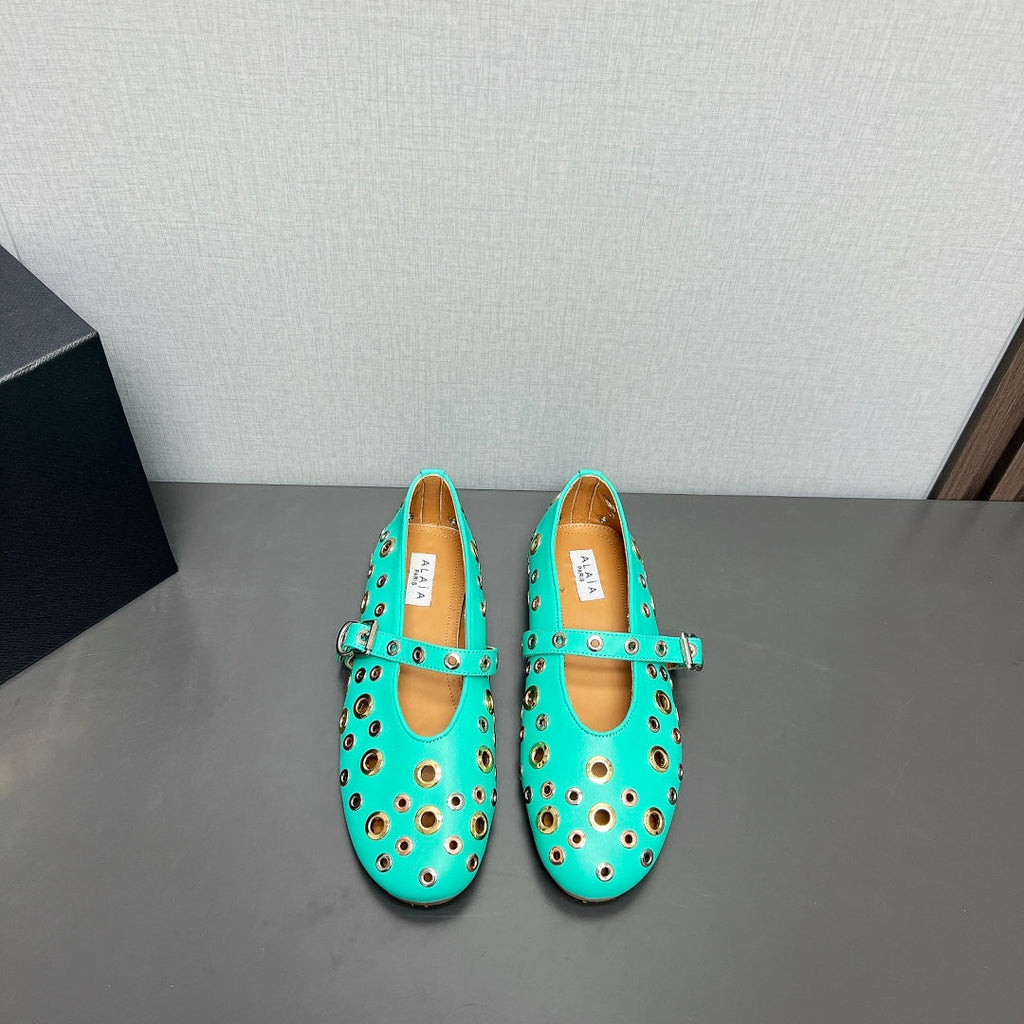 ALAIA MARY JANE SHOES IN GREEN MINT LAMBSKIN GOLD MIX SILVER HARDWARE