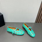 ALAIA MARY JANE SHOES IN GREEN MINT LAMBSKIN GOLD MIX SILVER HARDWARE