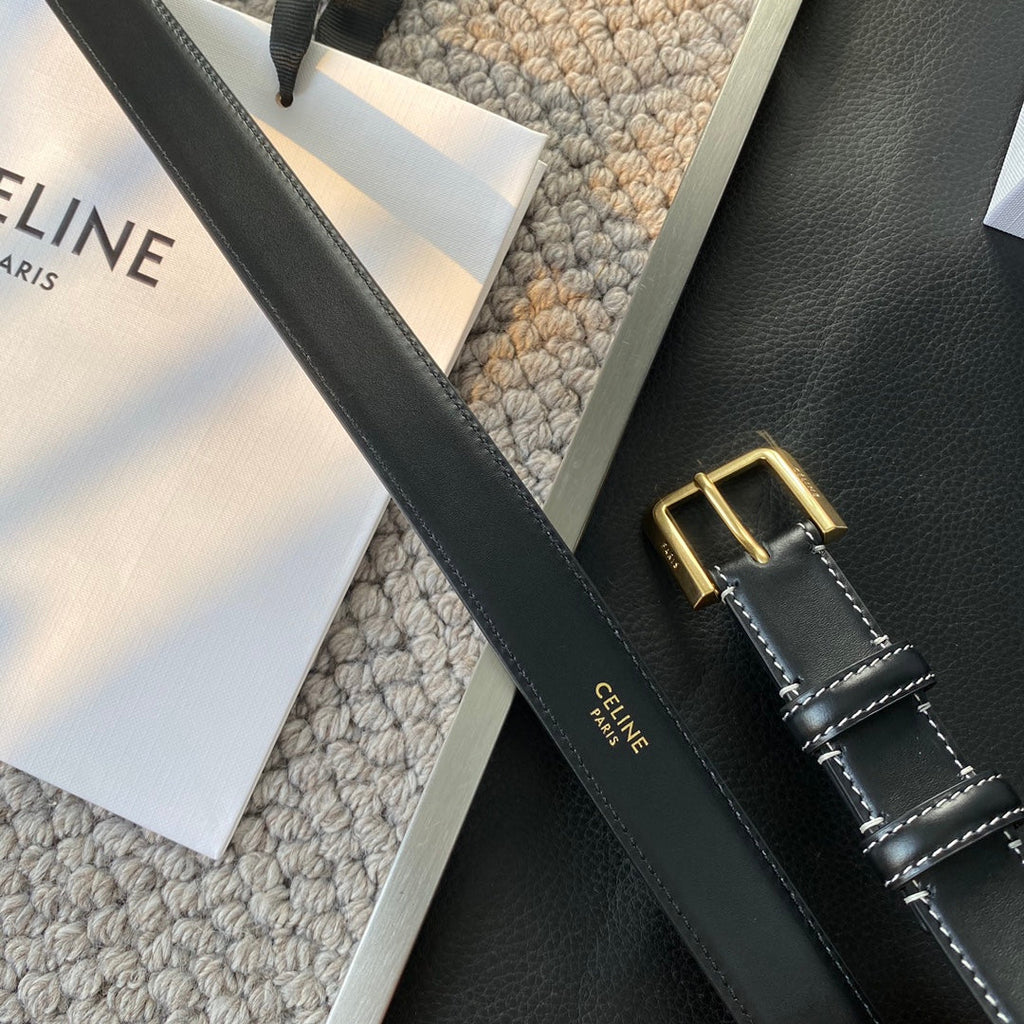 BELT 25MM IN BLACK REVERSIBLE ITALIAN CALFSKIN WITH  GOLD BUCKLE WHITE STITCHING