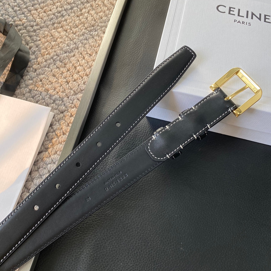 BELT 25MM IN BLACK REVERSIBLE ITALIAN CALFSKIN WITH  GOLD BUCKLE WHITE STITCHING