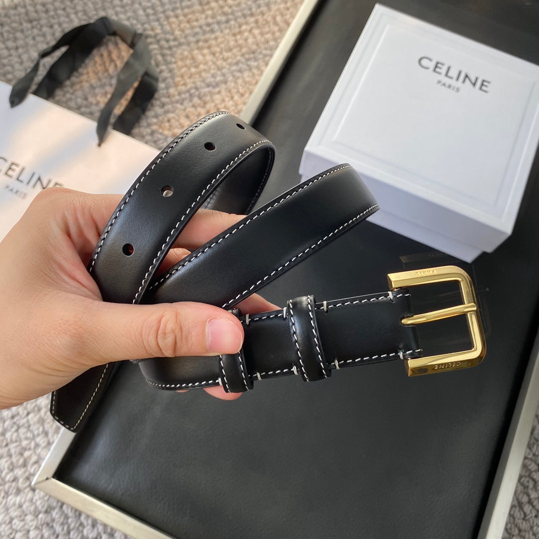 BELT 25MM IN BLACK REVERSIBLE ITALIAN CALFSKIN WITH  GOLD BUCKLE WHITE STITCHING