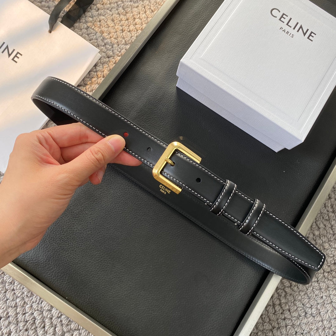 BELT 25MM IN BLACK REVERSIBLE ITALIAN CALFSKIN WITH  GOLD BUCKLE WHITE STITCHING