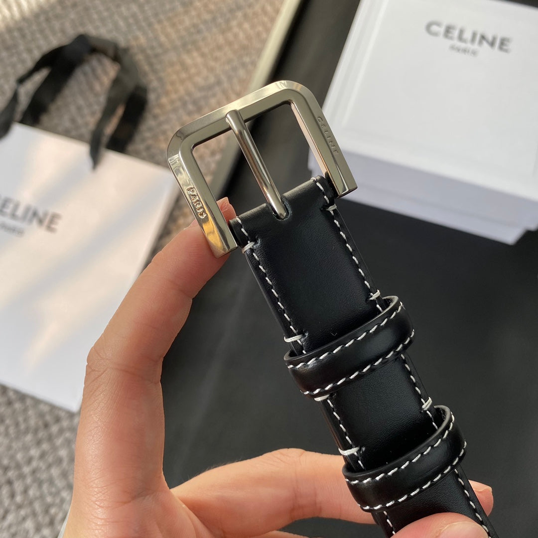 BELT 25MM IN BLACK REVERSIBLE ITALIAN CALFSKIN WITH  SILVER BUCKLE WHITE STITCHING