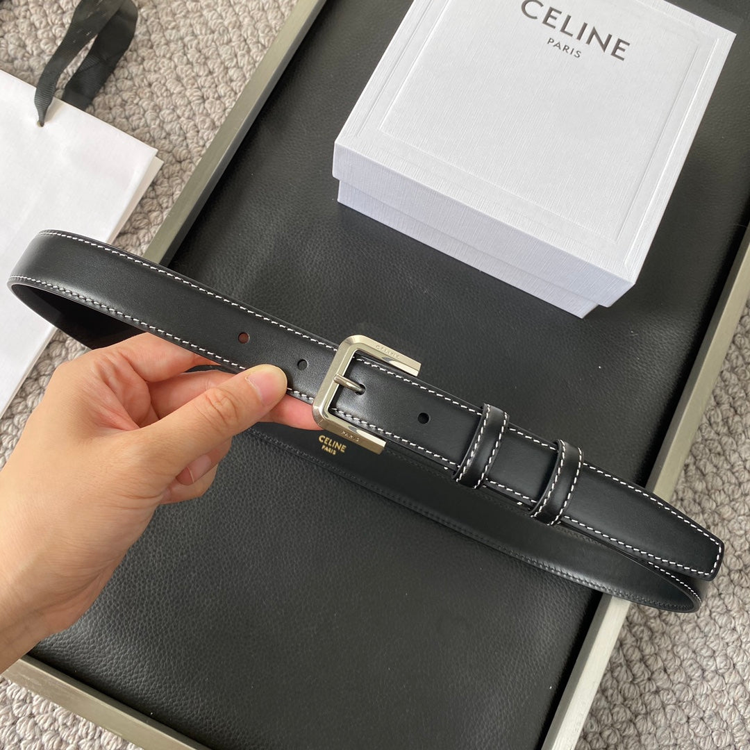 BELT 25MM IN BLACK REVERSIBLE ITALIAN CALFSKIN WITH  SILVER BUCKLE WHITE STITCHING