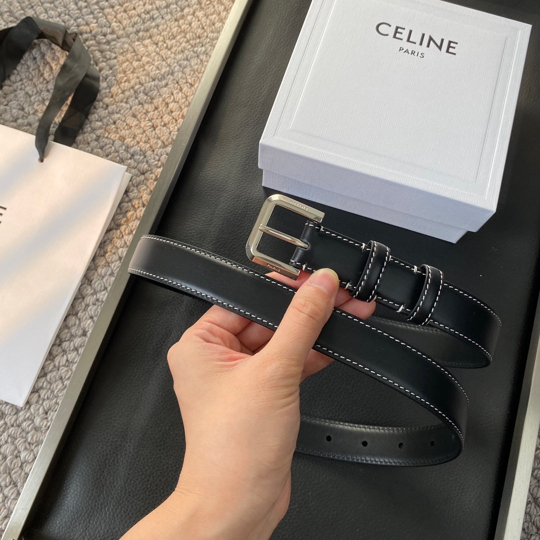 BELT 25MM IN BLACK REVERSIBLE ITALIAN CALFSKIN WITH  SILVER BUCKLE WHITE STITCHING
