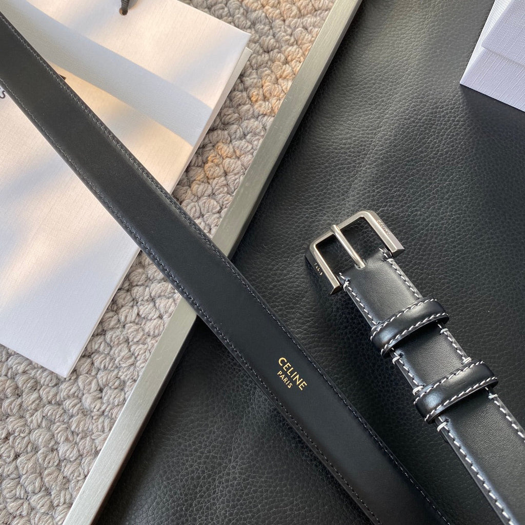 BELT 25MM IN BLACK REVERSIBLE ITALIAN CALFSKIN WITH  SILVER BUCKLE WHITE STITCHING