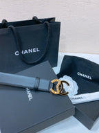 CC BELT 30MM IN BLACK SMOOTH CALFSKIN GOLD MIX BLACK METAL LOGO