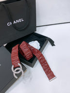CC ELASTIC BELT 30MM IN WINE RED CALFSKIN SILVER HARDWARE WITH RHINSTONES