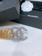 CC ELASTIC BELT 30MM IN GOLD CALFSKIN SILVER HARDWARE WITH RHINSTONES