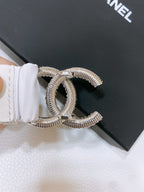 CC ELASTIC BELT 30MM IN WHITE CALFSKIN SILVER HARDWARE WITH RHINSTONES