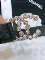 CC BELT 30 MM IN BLACK CALFSKIN PEARL LOGO WITH GOLD HARDWARE