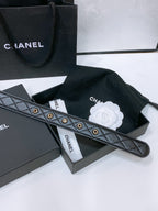CC BELT 30 MM IN BLACK EMBROIDERED CALFSKIN PEARL LOGO WITH GOLD HARDWARE