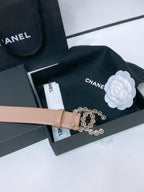 CC BELT 30 MM IN ALMOND BEIGE CALFSKIN PEARL LOGO WITH GOLD HARDWARE