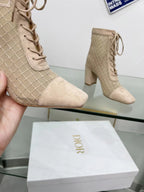 NAUGHTILY-D HEELED ANKLE BOOT IN BISQUE BEIGE EMBROIDERED MESH AND SUEDE 8 CM