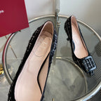 EFFLORESCENCE BALLERINAS PUMPS IN BLACK TWEED WITH FINE WHITE STRIPES EMBELLISHED CRYSTALS