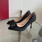 EFFLORESCENCE BALLERINAS PUMPS IN BLACK TWEED WITH FINE WHITE STRIPES EMBELLISHED CRYSTALS