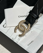 DOUBLE C BELT 30MM IN BLACK CALFSKIN EMBOSSED LOGO GOLD BUCKLE