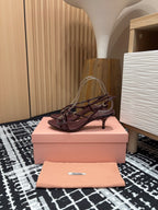 STRAP HIGH HEEL SANDALS IN WINE RED SHINY LAMBSKIN