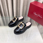 VIV' RANGERS MULES IN BLACK PATENT CALFSKIN GOLD BUCKLE