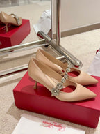 EFFLORESCENCE MARY JANE PUMPS IN TAN BEIGE SILK