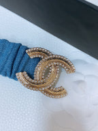 DOUBLE C ELASTIC BELT 30MM IN BLUE DENIM WITH GOLD BUCKLE AND SIDE RHINESTONE DETAILING