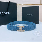 DOUBLE C ELASTIC BELT 30MM IN BLUE DENIM WITH GOLD BUCKLE AND SIDE RHINESTONE DETAILING