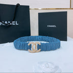DOUBLE C ELASTIC BELT 30MM IN BLUE DENIM GOLD BUCKLE EMBOSSED CRYSTAL