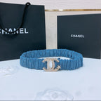 DOUBLE C ELASTIC BELT 30MM IN BLUE DENIM GOLD CRYSTAL STAR EMBELLISHED BUCKLE