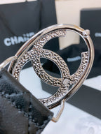 DOUBLE C BELT 38MM IN BLACK QUILTED LAMBSKIN WITH SILVER OVAL BUCKLE AND CENTERED LOGO