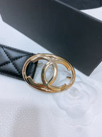 DOUBLE C BELT 38MM IN BLACK QUILTED LAMBSKIN WITH GOLD OVAL BUCKLE CENTERED LOGO