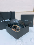 DOUBLE C BELT 38MM IN BLACK QUILTED LAMBSKIN WITH GOLD OVAL BUCKLE CENTERED LOGO