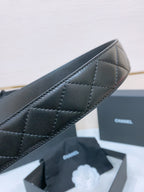 DOUBLE C BELT 38MM IN BLACK QUILTED LAMBSKIN WITH GOLD OVAL BUCKLE CENTERED LOGO