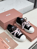 WASHED-DENIM SNEAKERS IN BLACK CANVAS WITH BROWN AND STRIPED LACES