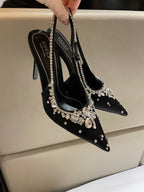 GG HIGH SLINGBACK 105 IN BLACK SATIN WITH CRYSTAL DIAMONDS