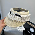 MM OPEN-TOP STRAW HAT IN LIGHT BEIGE MIX WHITE EYELET FABRIC
