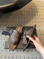PRADA 25S SHUFFLE LEATHER THONG SANDALS IN BROWN CALFSKIN