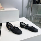 CHANEL FLAT MARY JANE SHOES 25S IN BLACK MESH FABRIC EMBOSSED LOGO WITH BOW