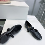 CHANEL FLAT MARY JANE SHOES 25S IN BLACK LAMBSKIN EMBOSSED LOGO WITH BOW