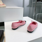 CHANEL FLAT MARY JANE SHOES 25S IN PINK LAMBSKIN MIX BLACK GLOSSY WITH BOW