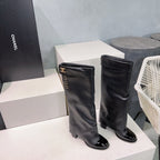CHANEL HEELED KNEE-HIGH BOOTS 25S 85 MM IN BLACK LAMBSKIN WITH GOLD HARDWARE