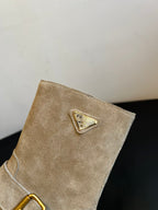 PRADA 25S PLATFORM ANKLE BOOTS IN BEIGE SUEDE WITH GOLD HARDWARE