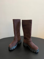 PRADA 25S HIGH-CUT PLATFORM BOOTS IN BROWN SUEDE WITH GOLD HARDWARE