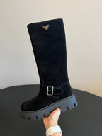 PRADA 25S HIGH-CUT PLATFORM BOOTS IN BLACK SUEDE WITH SILVER HARDWARE
