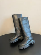 PRADA 25S HIGH-CUT PLATFORM BOOTS IN BLACK CALFSKIN WITH SILVER HARDWARE
