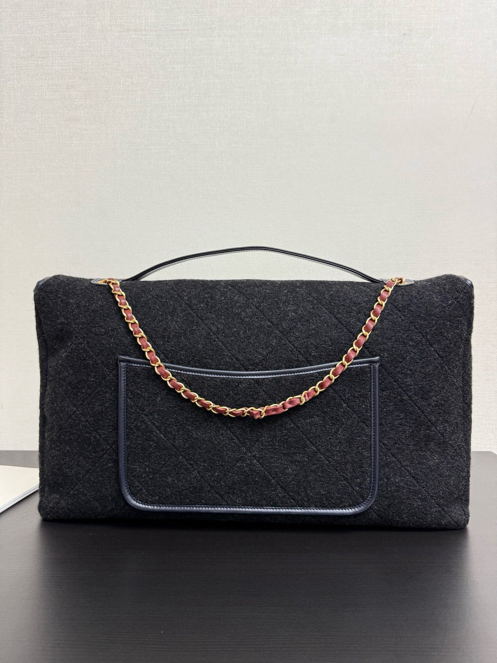 Chanel 2025 Maxi Flap Bag With Top Handle 56cm Black Wool Leather