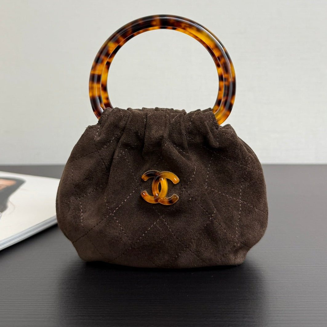 Chanel 2026 Pouch 24cm Dark Brown Tortoiseshell Suede Effect Plexi