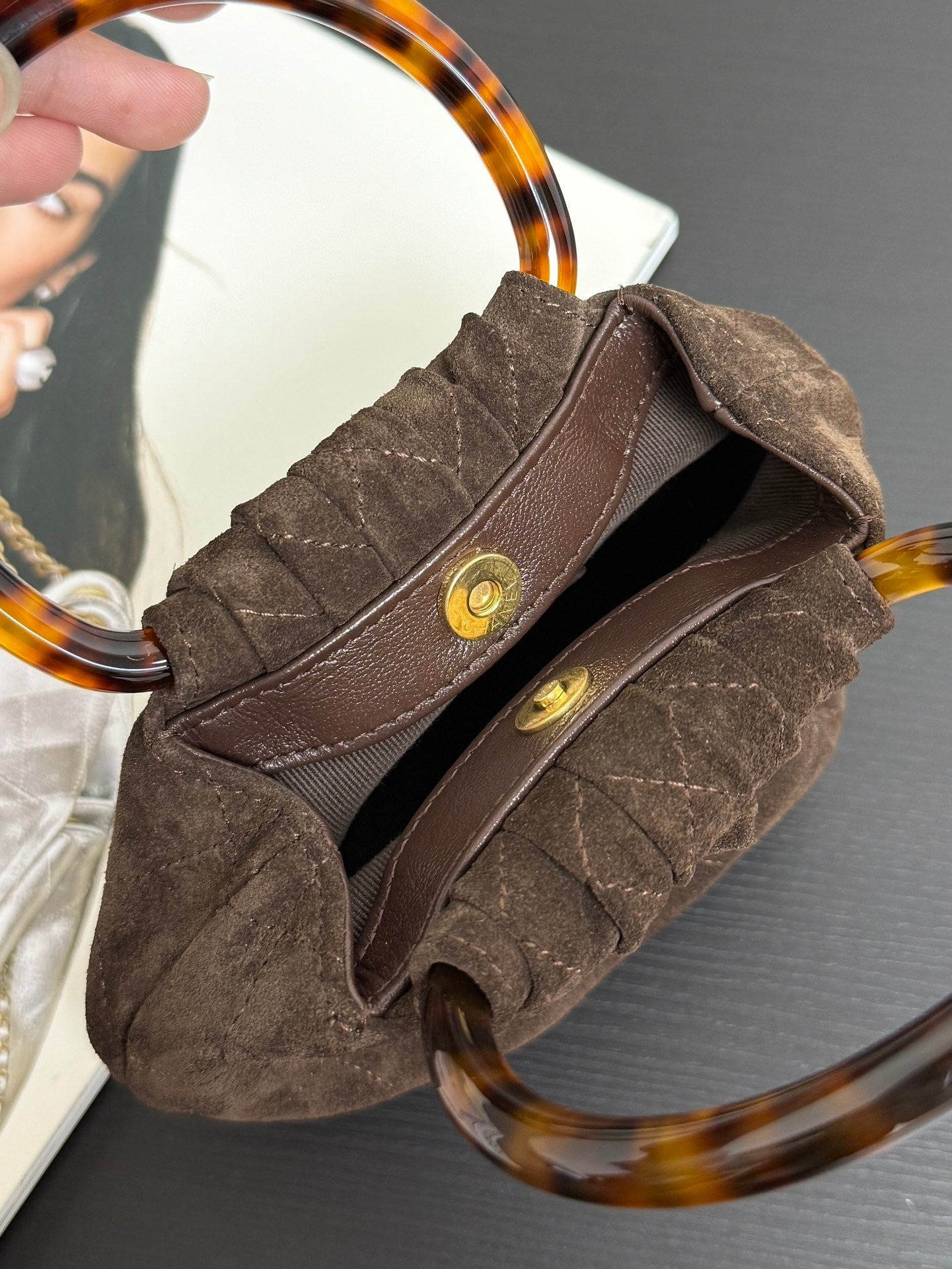 Chanel 2026 Pouch 24cm Dark Brown Tortoiseshell Suede Effect Plexi