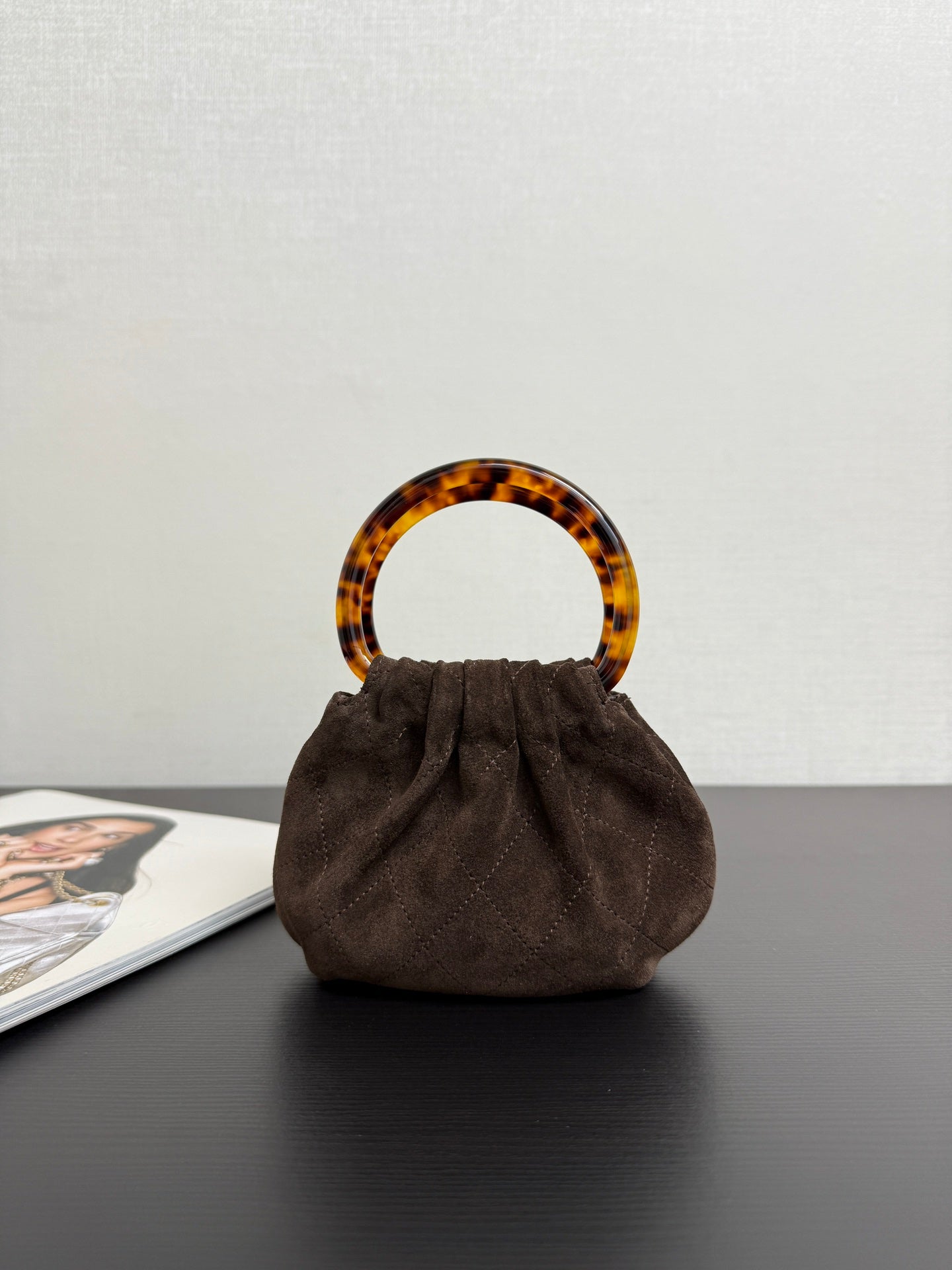 Chanel 2026 Pouch 24cm Dark Brown Tortoiseshell Suede Effect Plexi
