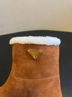 PRADA 25S ANKLE BOOTS 40 MM IN BROWN SUEDE SHEARLING-LINED